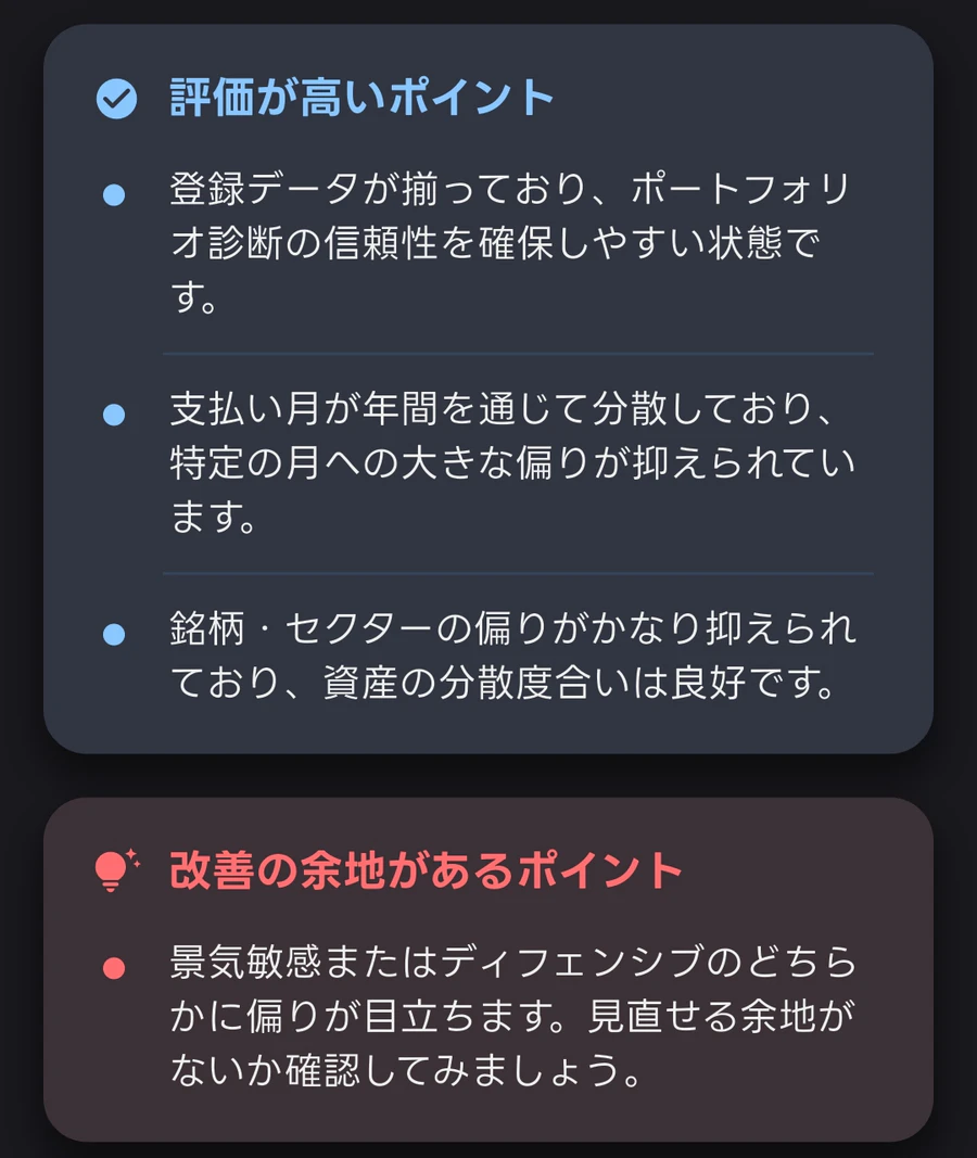ハイトンのポートフォリオ診断で表示された高評価ポイントと改善ポイント