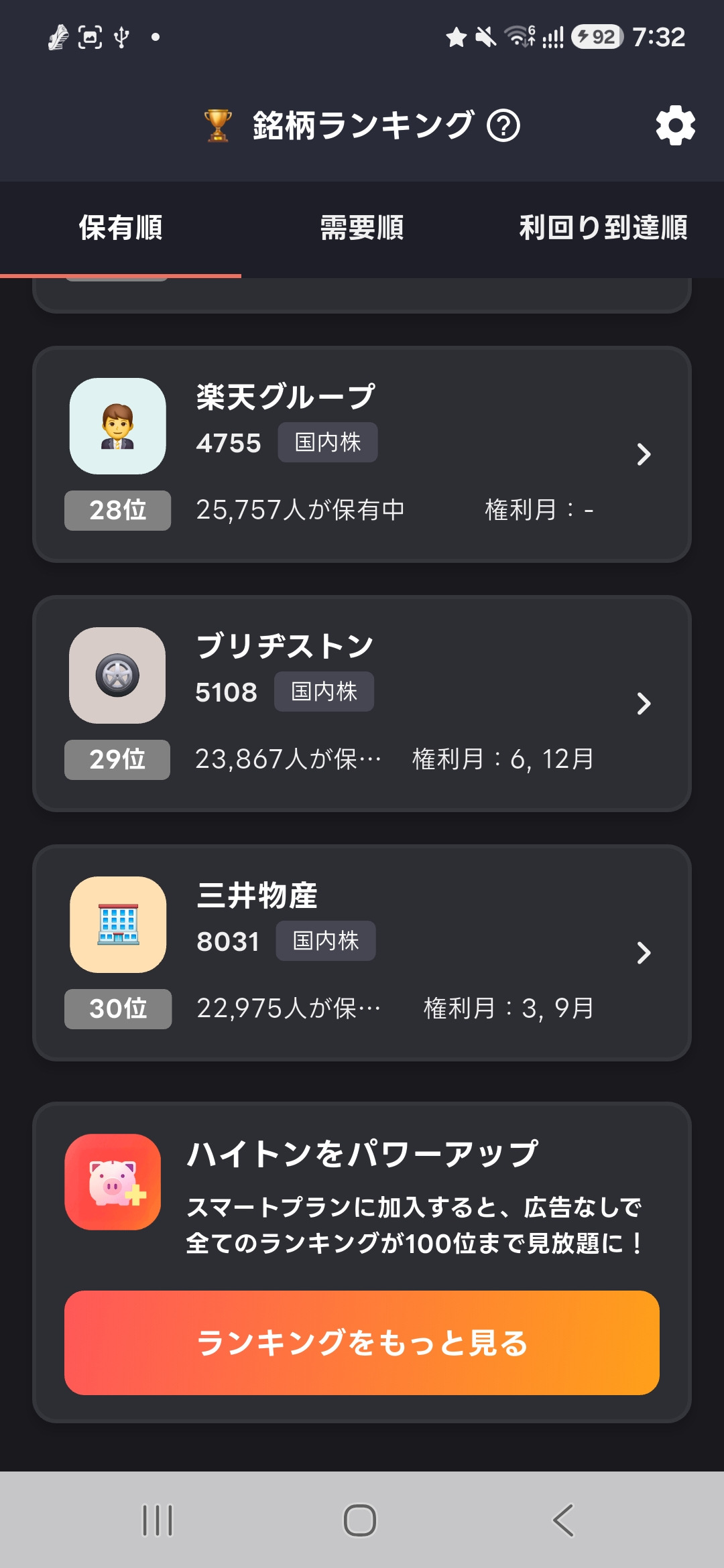 無料版ハイトンの銘柄ランキング画面。30位まで表示され、その下にスマートプランの案内が出ている