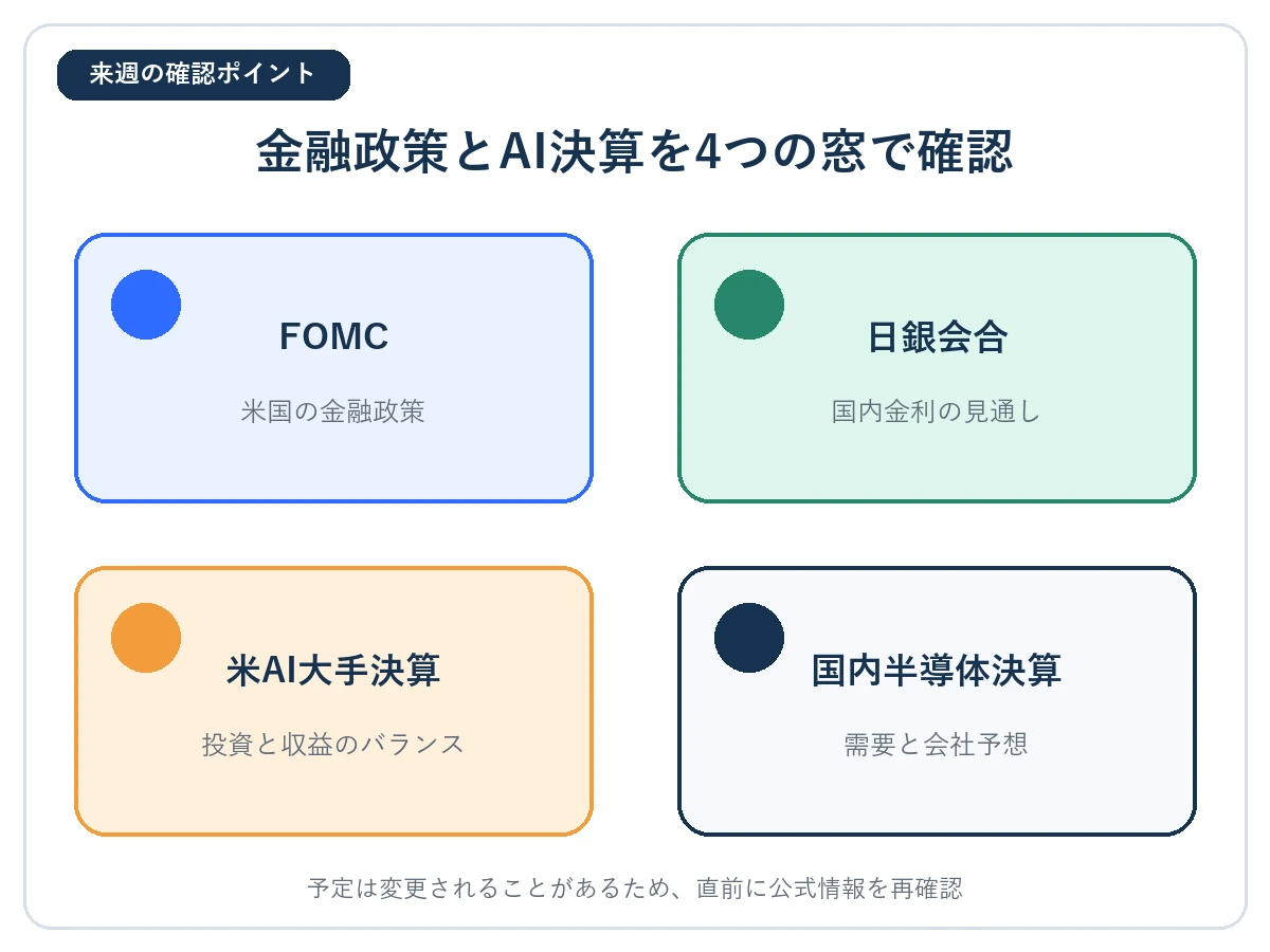 FOMC、日銀会合、米AI大手決算、国内半導体決算の4項目をグリッドで整理