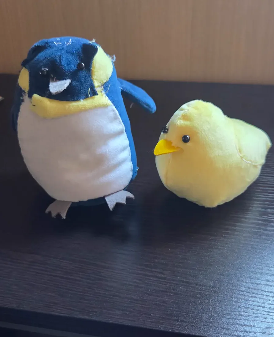前回作ったペンギンと今回作ったひよこのぬいぐるみ